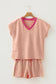 Red Stripe Colorblock Trim V Neck Tee Drawstring Elastic Waist Short Set