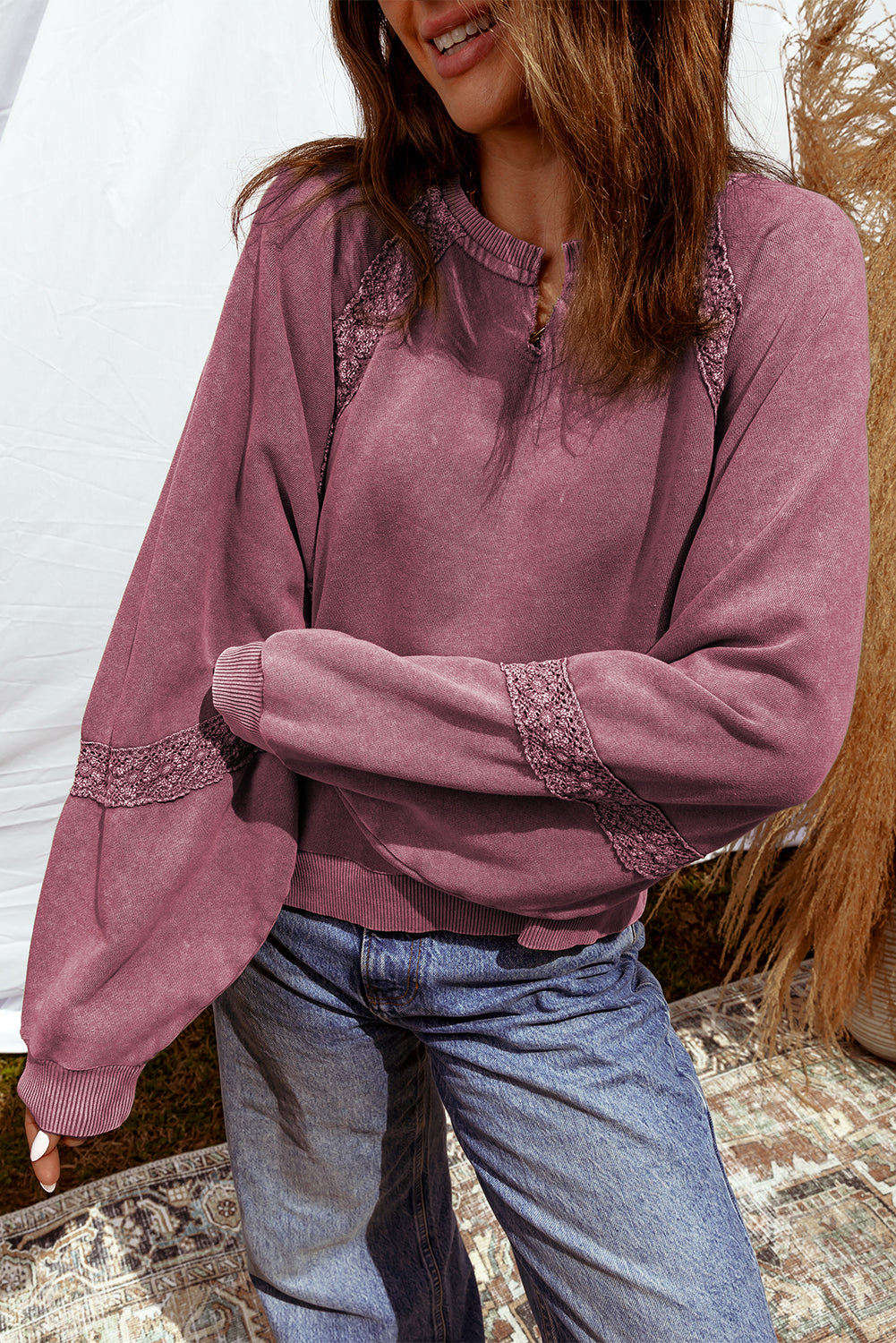 Jungle Green Lace Patchwork Detail Notched Neck Mineral Wash Baggy Sweatshirt