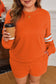 Orange Plus Size Varsity Striped Drop Shoulder Pullover Drawstring Elastic Waistband Short Set
