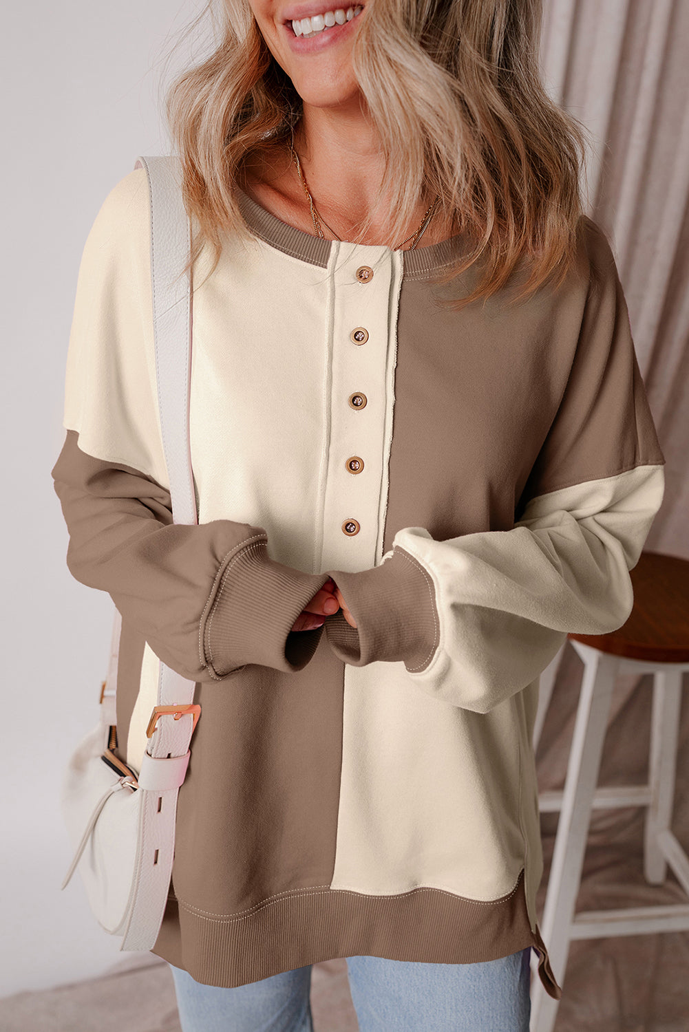 Grass Green Colorblock Henley High Low Oversize Sweatshirt