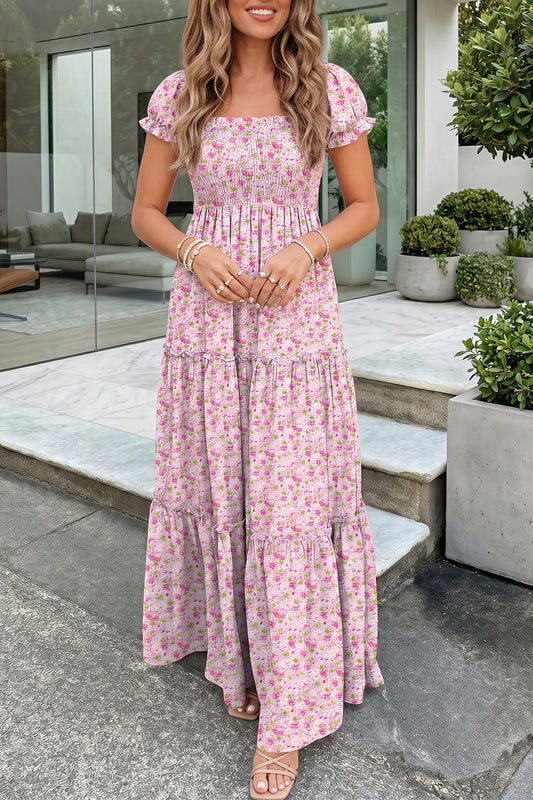 Pink Floral Short Bubble Sleeve Shirred High Waist Maxi Dress