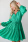 Sea Green Frilly V Neck Puff Sleeve Drawstring Shift Mini Dress