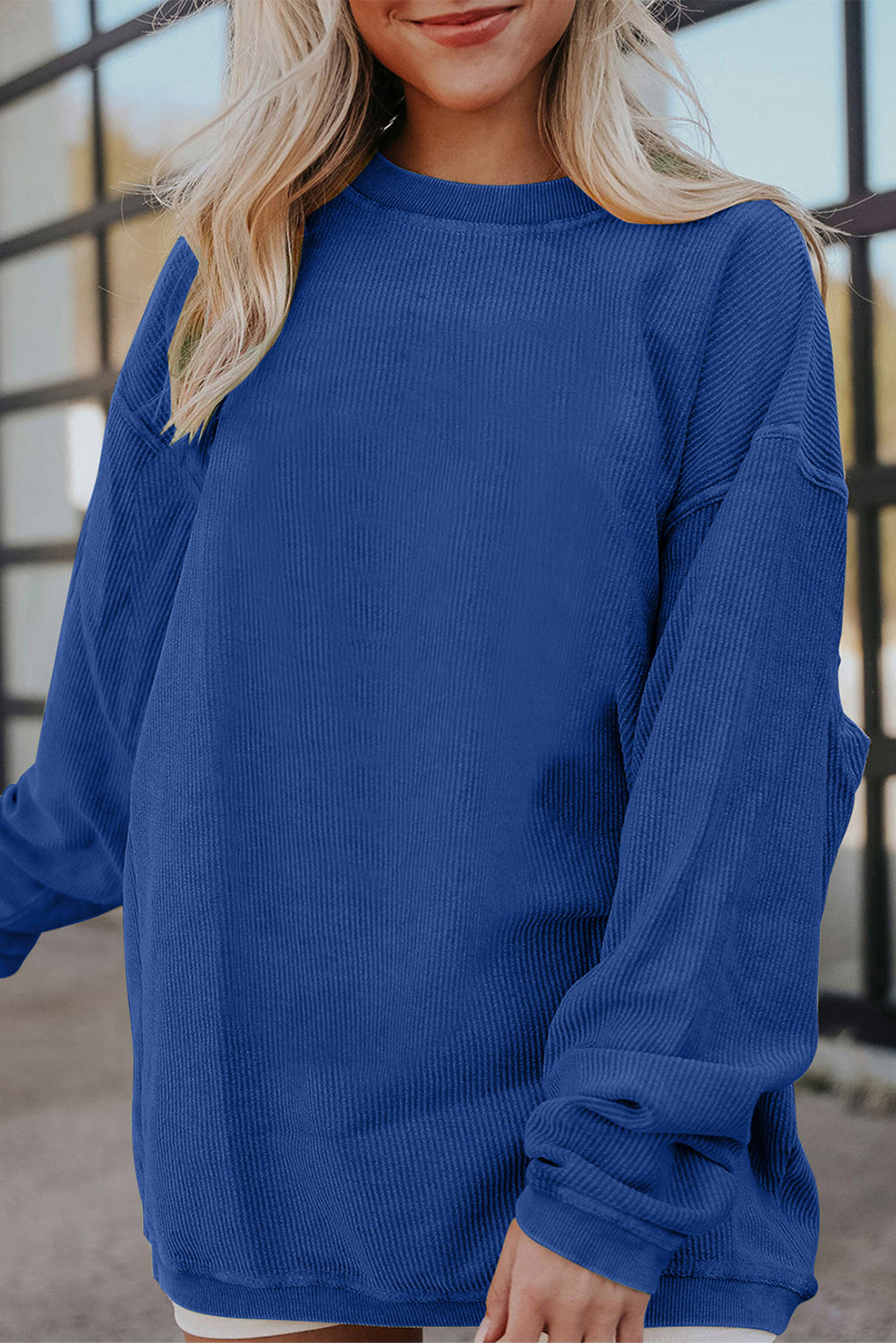 Strawberry Pink Ribbed Corduroy Oversized Sweatshirt