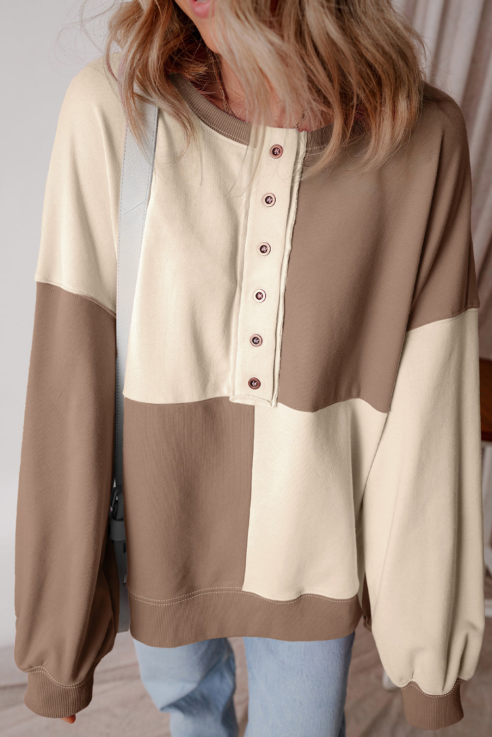 Grass Green Colorblock Henley High Low Oversize Sweatshirt