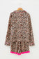 Light French Beige Leopard Print Contrast Trim Long Sleeve Shirt Drawstring Ruffle Hem Short Set