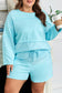 Aruba Blue Plus Size Solid Color Splicing Raw Hem Pullover Top Shorts Set