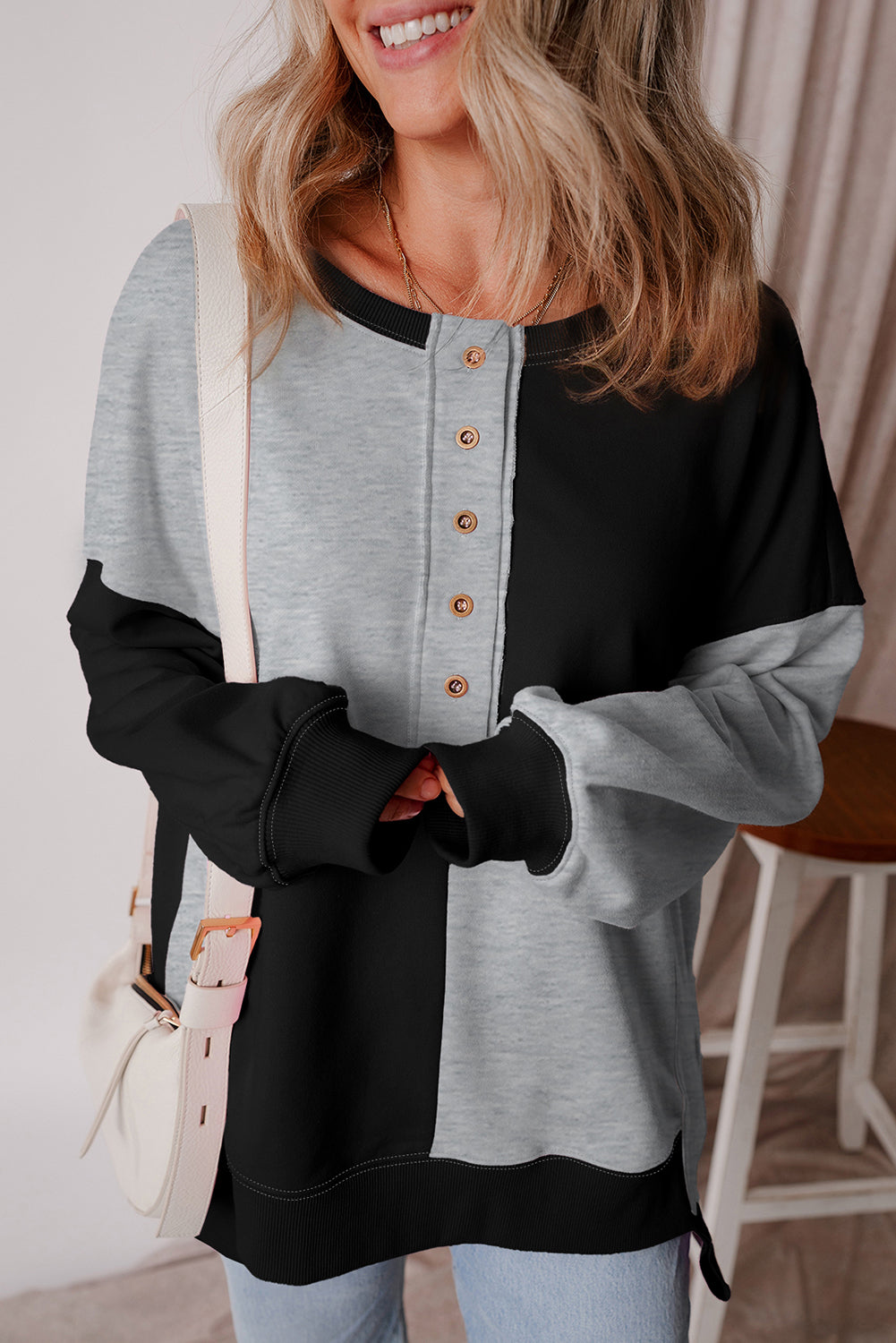 Grass Green Colorblock Henley High Low Oversize Sweatshirt