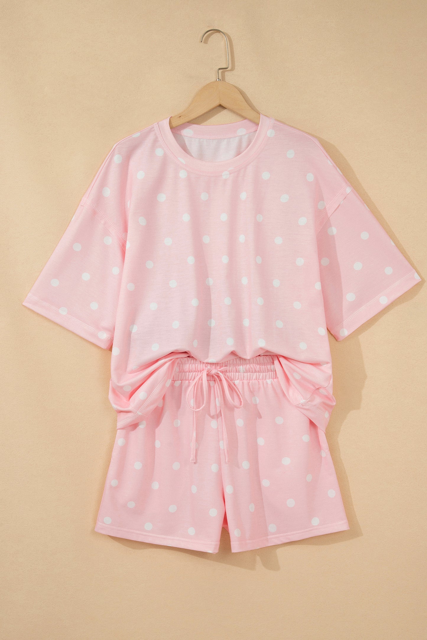 Sky Blue Exposed Seam Detail Polka Dot Loose Tee Drawstring Shorts Set