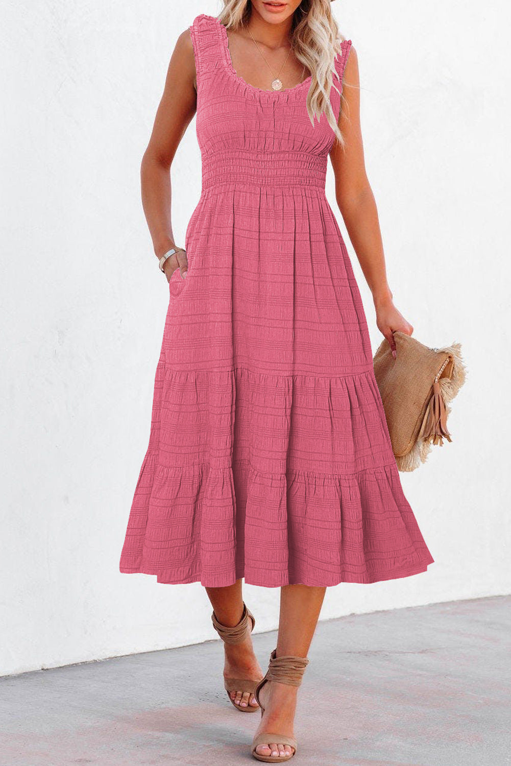 Green Shirred Pleated Square Neck Sleeveless Midi Dress