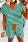 Red Stripe Colorblock Trim V Neck Tee Drawstring Elastic Waist Short Set
