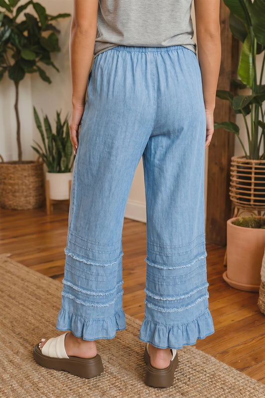 Beau Blue Ruffled Hem Wide Leg Chambray Pants