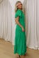 Bright Green Solid Color V Neck Short Puff Sleeve High Waist Tiered Maxi Dress