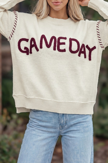Beige Drop Shoulder Game Day Letter Print Pullover Sweater