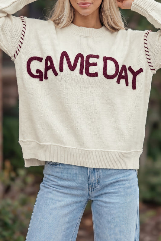 Beige Drop Shoulder Game Day Letter Print Pullover Sweater