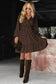 Chicory Coffee Polka Dot Long Sleeve Wrap V Neck Ruffle Hem Mini Dress