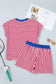 Red Stripe Colorblock Trim V Neck Tee Drawstring Elastic Waist Short Set