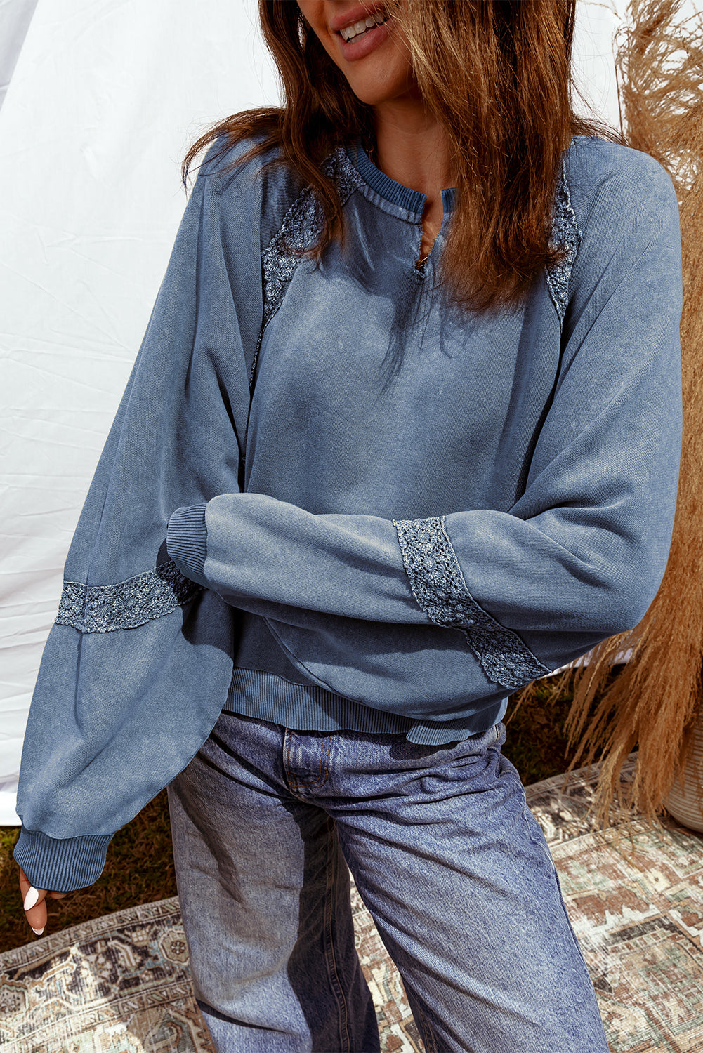 Jungle Green Lace Patchwork Detail Notched Neck Mineral Wash Baggy Sweatshirt