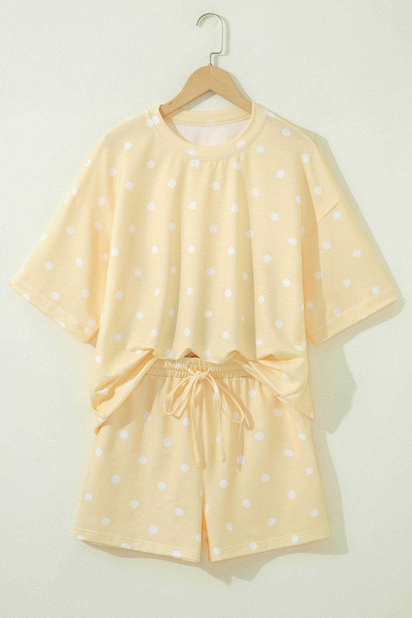 Sky Blue Exposed Seam Detail Polka Dot Loose Tee Drawstring Shorts Set