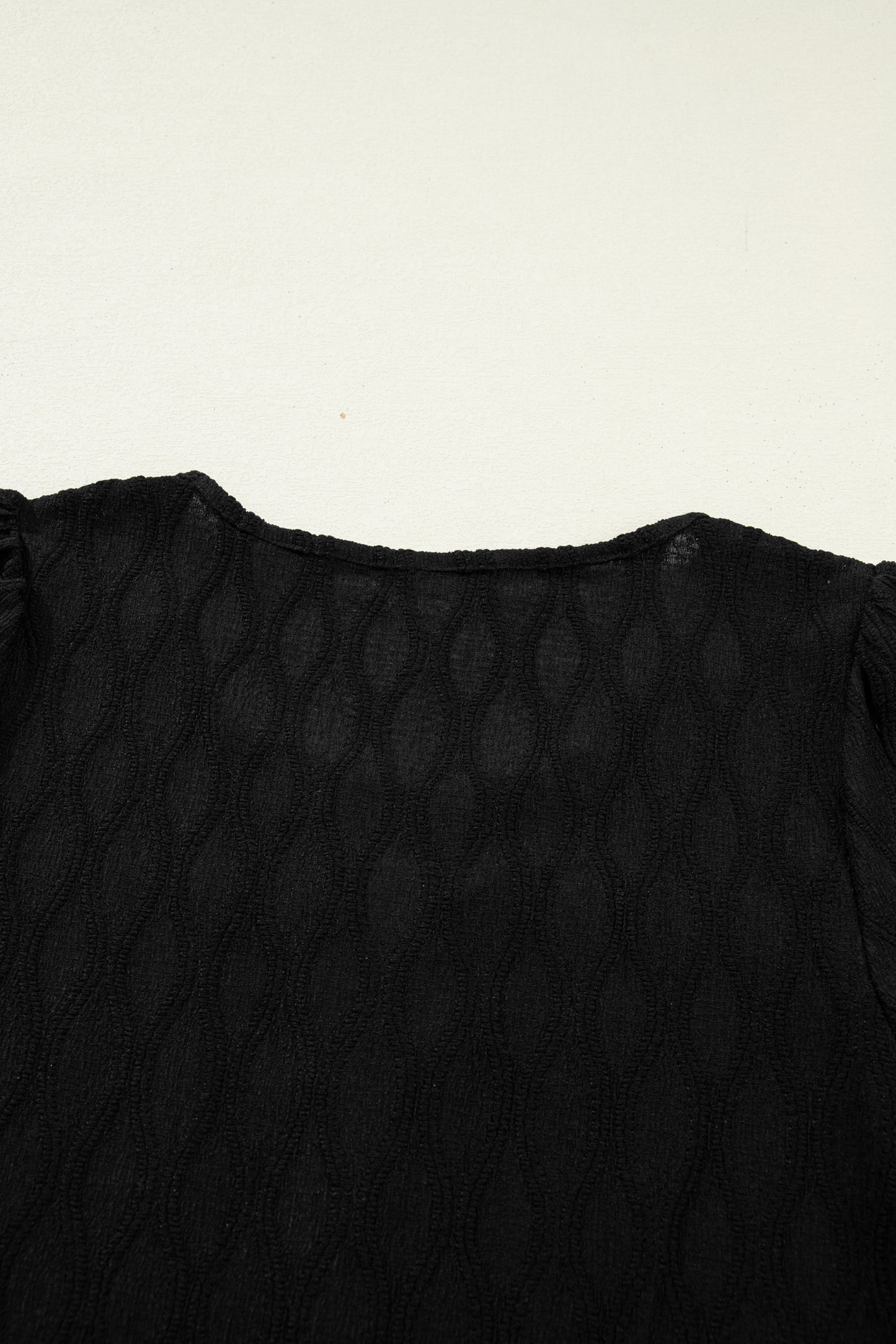 White Solid Color Textured Notched Neck Puff Sleeve Blouse